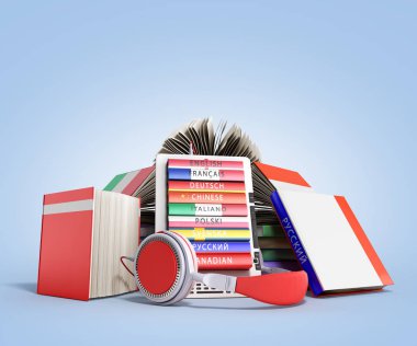 e-kitap ses dil kitap öğrenme ve 3d render mavi grad üzerinde