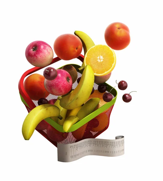 Nákupní košík plný čerstvého ovoce s šek 3d render ne sh — Stock fotografie