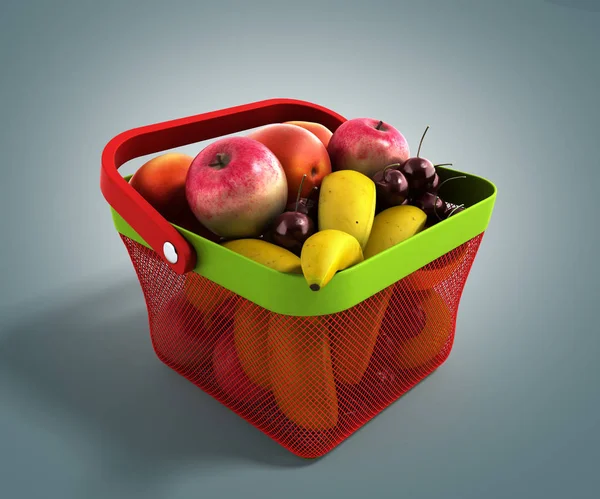 Cesta de la compra llena de fruta fresca 3d ilustración aislada en — Foto de Stock