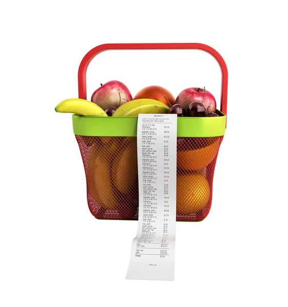 Cesta de la compra llena de fruta fresca con un cheque 3d render no sh — Foto de Stock