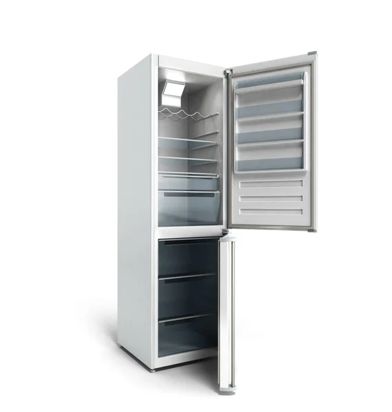 Μοντέρνο ψυγείο ανοξείδωτου που απομονώνονται σε λευκό 3d καθιστούν — Φωτογραφία Αρχείου
