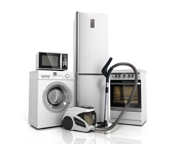Побутова техніка Група білих холодильників пральна машина плита — стокове фото