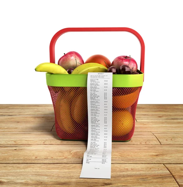 Cesta de la compra llena de fruta fresca con un cheque 3d render en wo — Foto de Stock