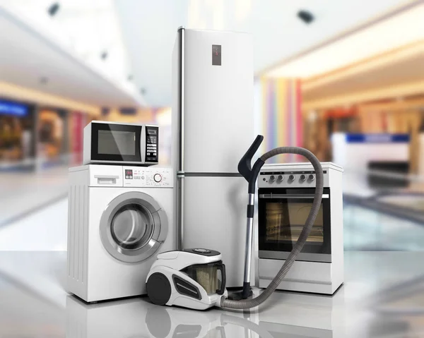 Peralatan rumah Sekelompok mesin cuci kulkas putih stov — Stok Foto