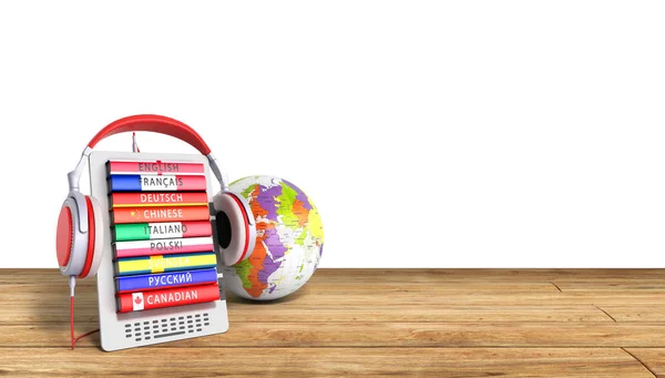 E-Book mit Globus Audio-Lernsprachen Holz Hintergrund 3d re — Stockfoto