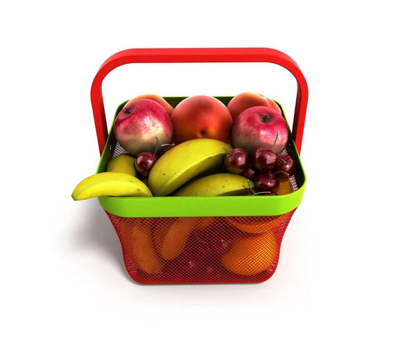 Cesta de compras cheio de fruta fresca ilustração 3d isolado em — Fotografia de Stock