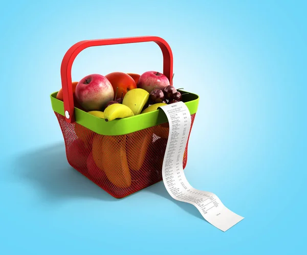 Cesta de la compra llena de fruta fresca con un cheque 3d render en bl — Foto de Stock
