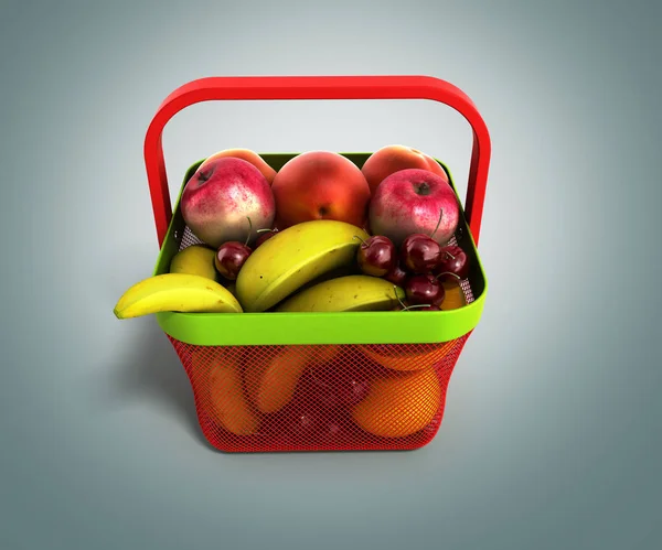 Nákupní košík plný čerstvého ovoce 3d ilustrace na šedé grad — Stock fotografie