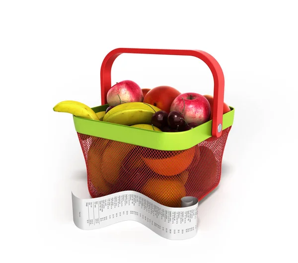 Cesta de compras cheio de frutas frescas com um cheque 3d render — Fotografia de Stock