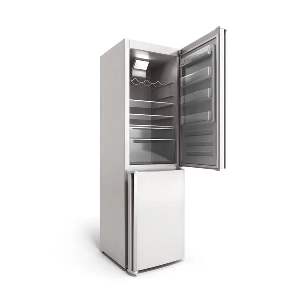 Σύγχρονο ανοιχτό ψυγείο από ανοξείδωτο ατσάλι σε λευκό 3d illustratio — Φωτογραφία Αρχείου