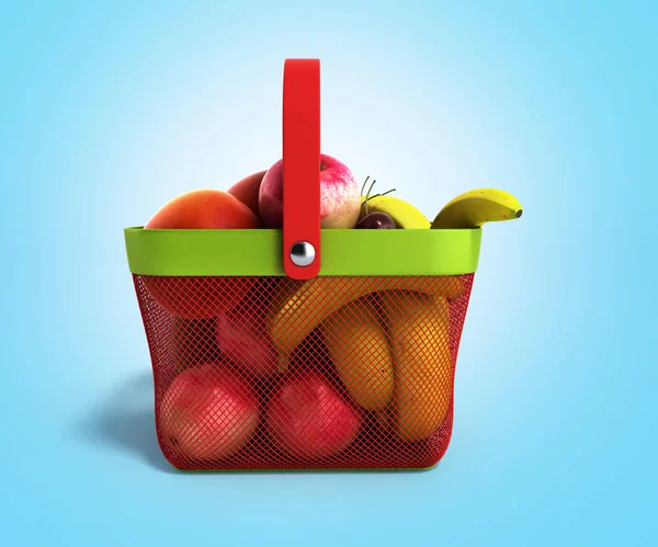 Nákupní košík plný čerstvého ovoce 3d ilustrace na modré grad — Stock fotografie
