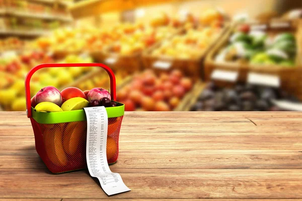 Cesta de compras cheio de frutas frescas com um cheque 3d renderizar em wo — Fotografia de Stock