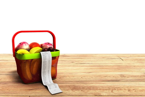 Cesta de la compra llena de fruta fresca con un cheque 3d render en wo — Foto de Stock