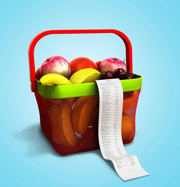 Cesta de la compra llena de fruta fresca con un cheque 3d render en bl — Foto de Stock