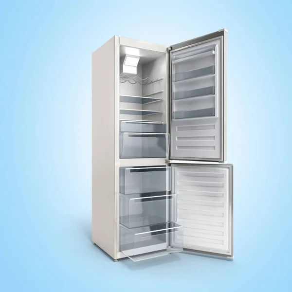 Refrigerador abierto moderno del acero inoxidable en la ilustración azul 3d —  Fotos de Stock