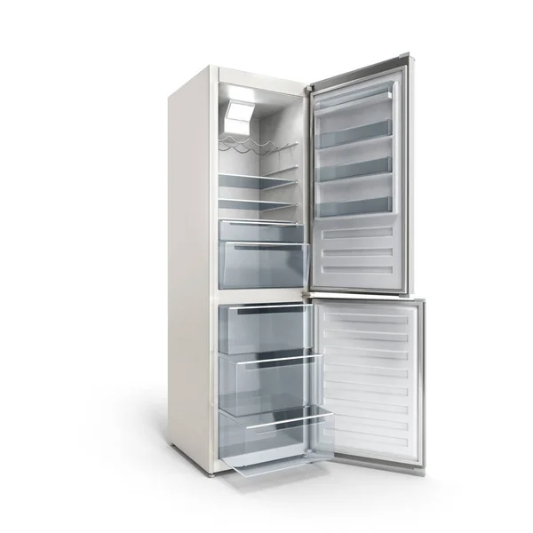 Refrigerador aberto moderno de aço inoxidável na ilustração 3d branca — Fotografia de Stock