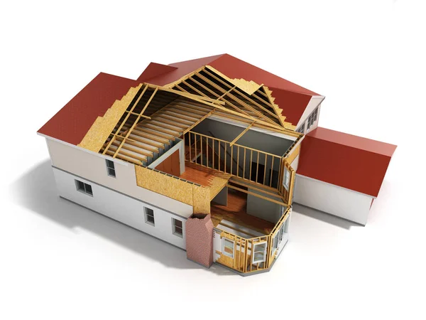 Construir casa tridimensional imagen 3d renderizar sobre fondo blanco — Foto de Stock