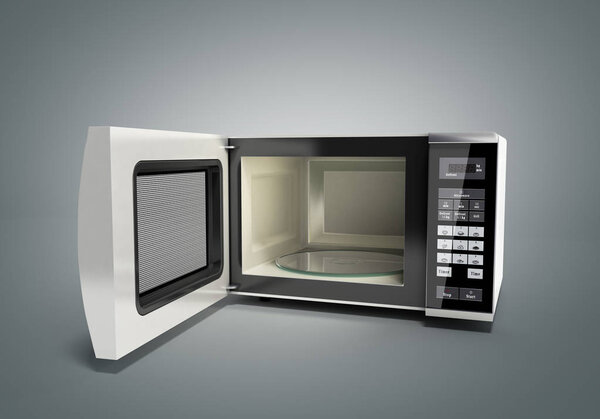 Microwave stove open on grey 3d illustration