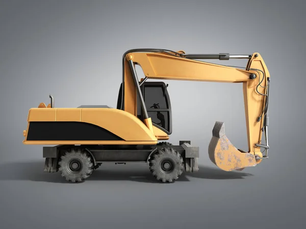 Ruedas amarillas Bulldozer 3d renderizado en gris — Foto de Stock