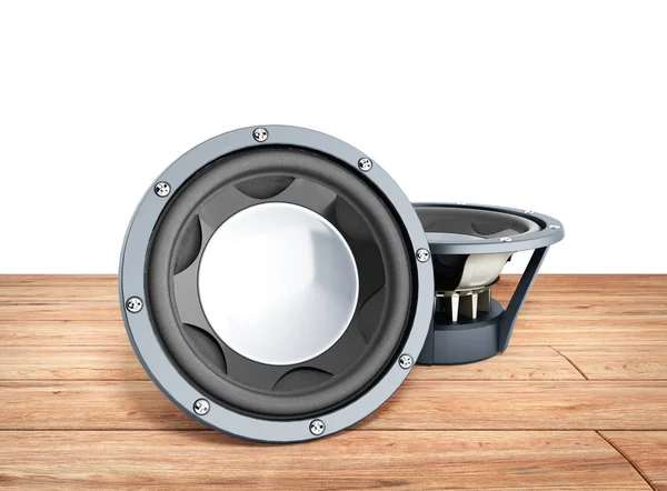 ahşap flor üzerinde siyah hoparlörler 3d render