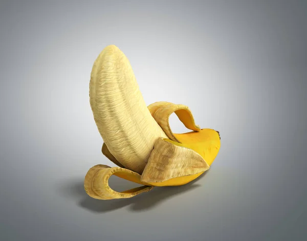 Halb geschälte Banane offene Banane 3D-Render auf grauem Hintergrund — Stockfoto