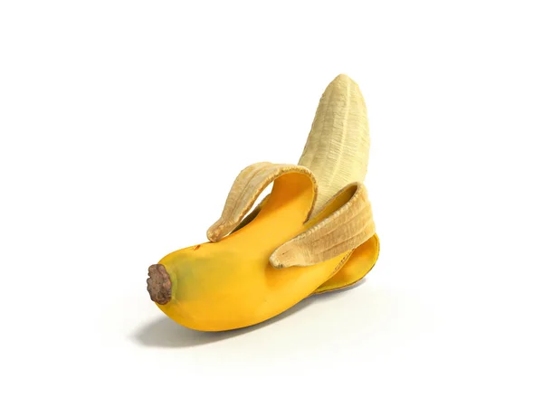 Halbe geschälte Banane offene Banane 3D-Render auf weiß — Stockfoto