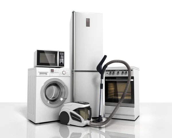 Побутова техніка Група білих холодильників пральна машина плита Стокове Зображення