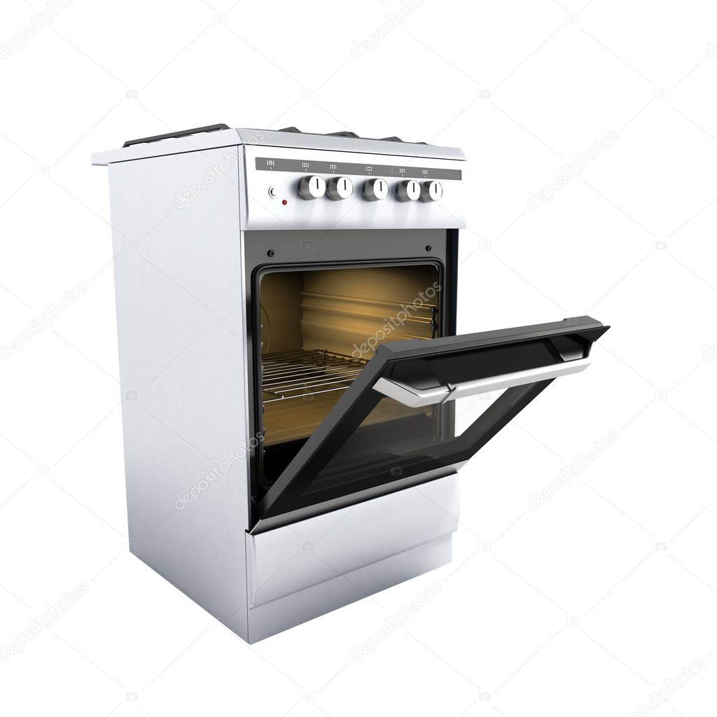 open gas stove 3d render on white background no shadow