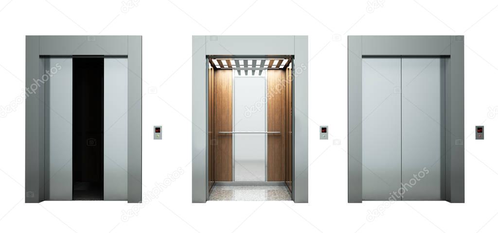Realistic empty elevators hall on white 3d illustration