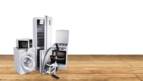 Побутова техніка Група білих холодильників пральна машина плита — стокове фото