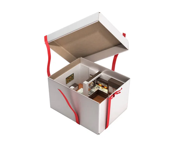 Концепція квартири як подарунок Інтер'єр кухні у відкритій коробці 3d r — стокове фото