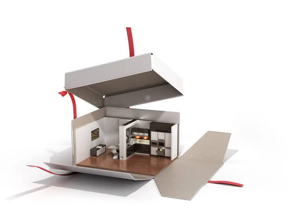 Koncepcja Apartament jak wnętrze kuchni prezent w Otwórz pole 3d r — Zdjęcie stockowe
