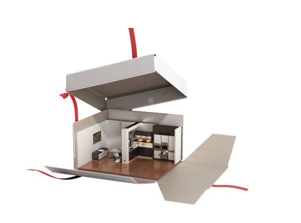 Concepto apartamento como regalo cocina interior en una caja abierta 3d r — Foto de Stock