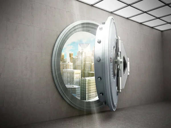 Concept of safe city Big safe door with city ingots High resolut