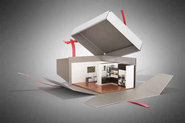 Concept appartement comme cadeau Intérieur de la cuisine dans une boîte ouverte 3d r — Photo