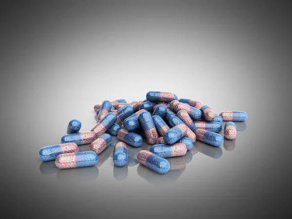 Медицинские таблетки 3d иллюстрация на стеклянной муке на синем gradienr — стоковое фото