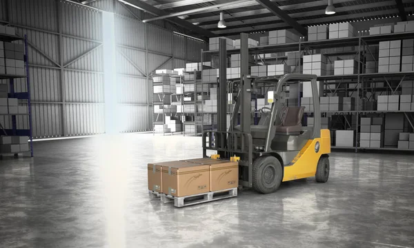 Ambar içinde büyük bir depo teslim forklift kavramı 