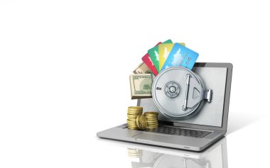 Güvenli çevrimiçi bankacılık para ve kartları th arkasında kavramı