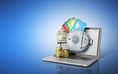 Güvenli çevrimiçi bankacılık para ve kartları th arkasında kavramı