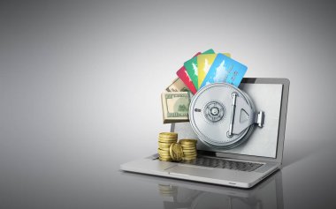 Güvenli çevrimiçi bankacılık para ve kartları th arkasında kavramı