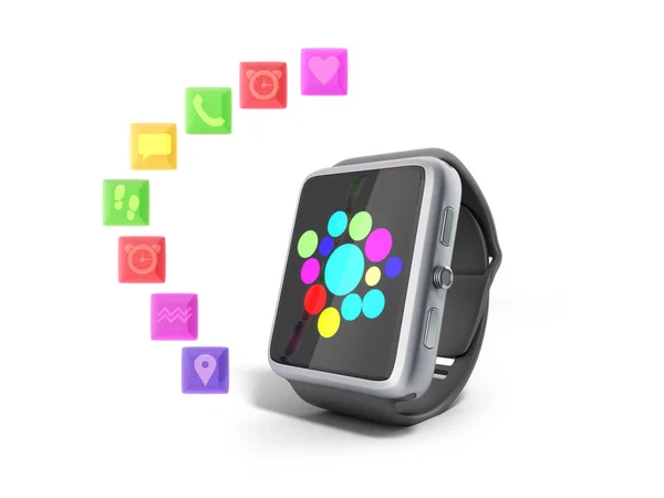 Digitale Smartwatch oder Uhr mit Icons 3D-Render auf weiß nein sh — Stockfoto