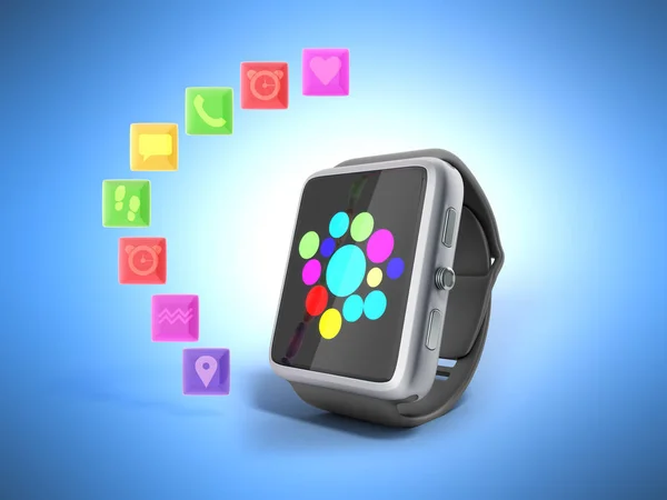 digital smart watch or clock with icons 3d render on blue