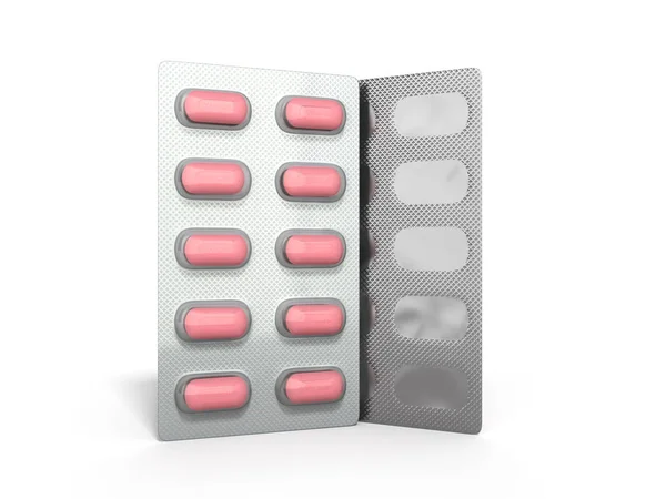 Tabletki w blistrze pakiet 3d ilustracja na białym tle — Zdjęcie stockowe