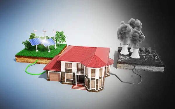 The concept of ecologically clean energy The house is connected — Stock Photo, Image