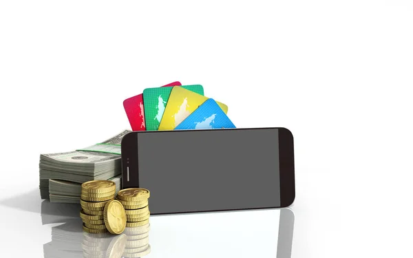Концепція мобільного банкінгу мобільний телефон з доларовими стосами монет і — стокове фото