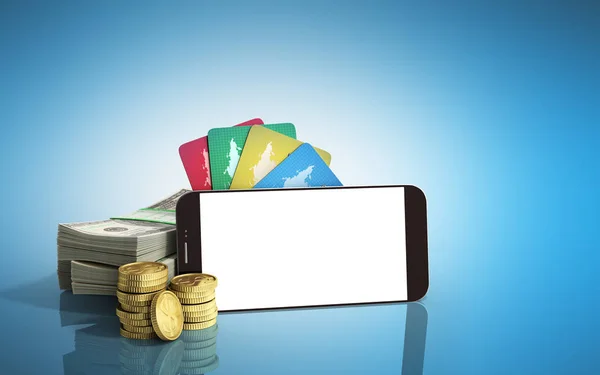 mobile banking concept mobile phone with dollar stacks coins and