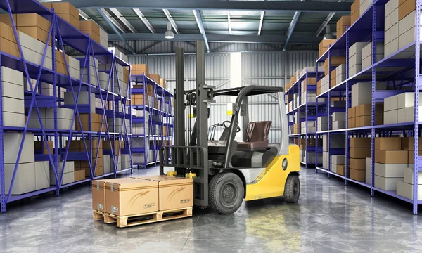 Ambar içinde büyük bir depo teslim forklift kavramı 