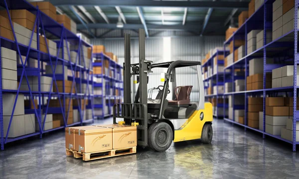 Ambar içinde büyük bir depo teslim forklift kavramı 