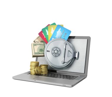 Güvenli çevrimiçi bankacılık para ve kartları th arkasında kavramı