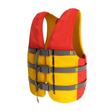 Can yeleği Kırmızı Sarı 3d render beyaz arka plan üzerinde